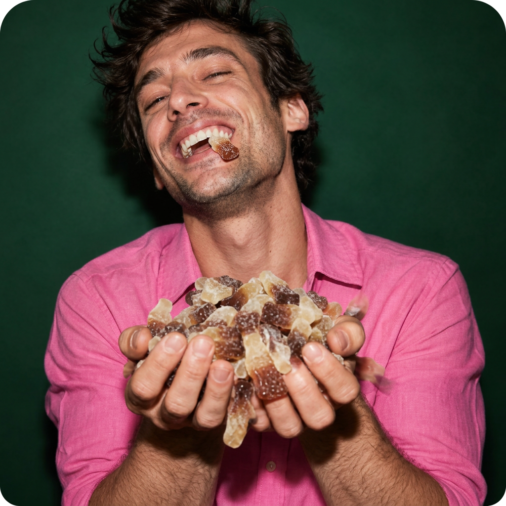 Man posing playfully with fizzy cola bottle sweets