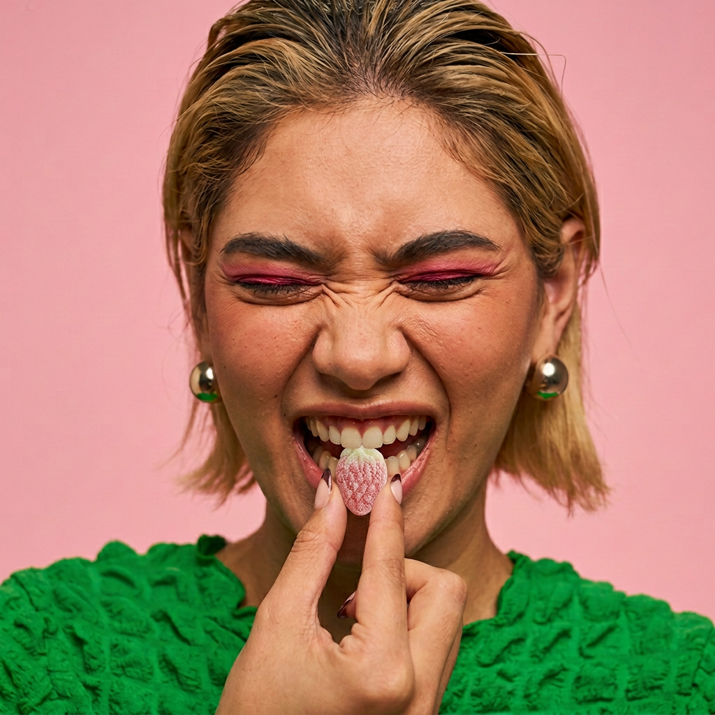 Blonde woman playfully holding a fizzy strawberry against a baby-pink background