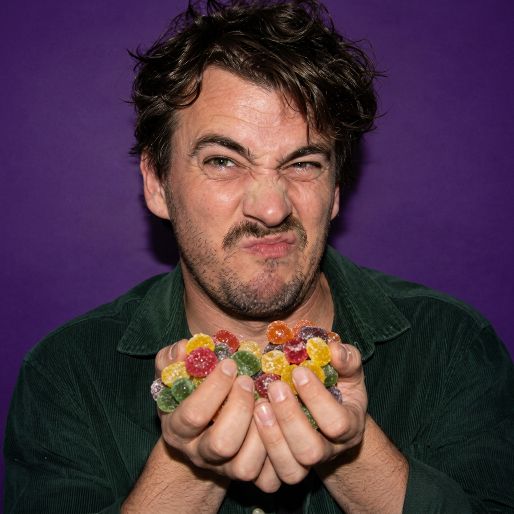 Man posing playfully with colourful fruit pastilles