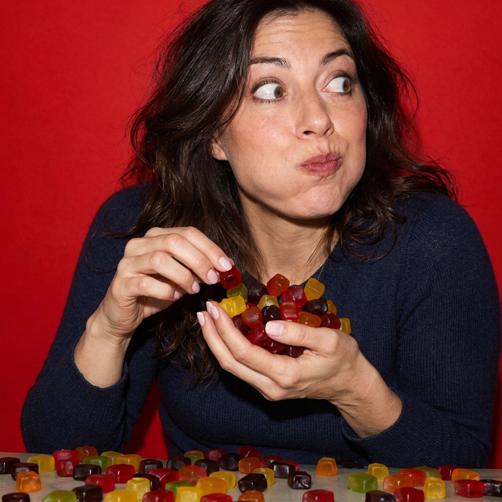 Woman posing playfully with colourful wine gums