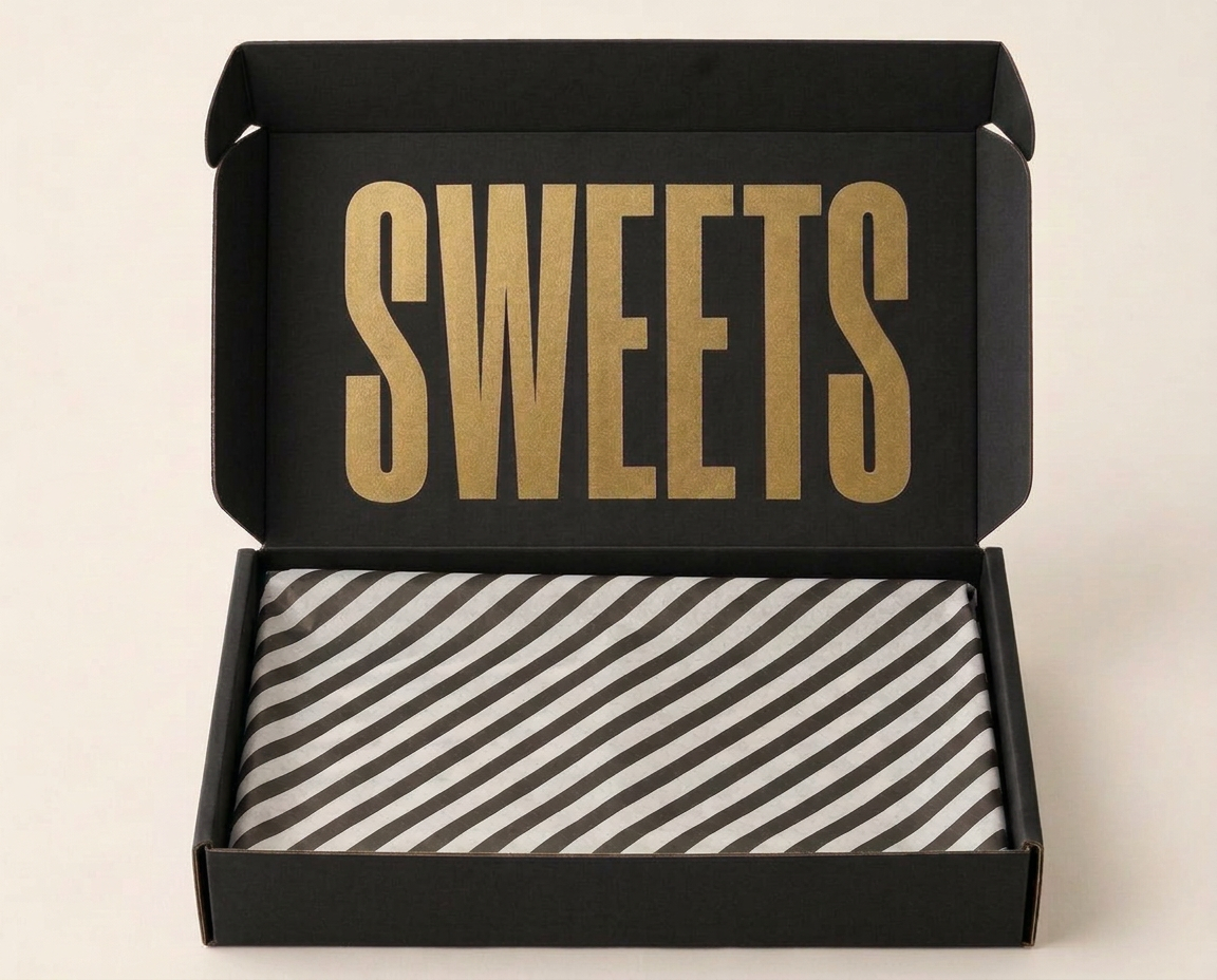 Open Black SWEETS letterbox gift box with black-and-white striped tissue