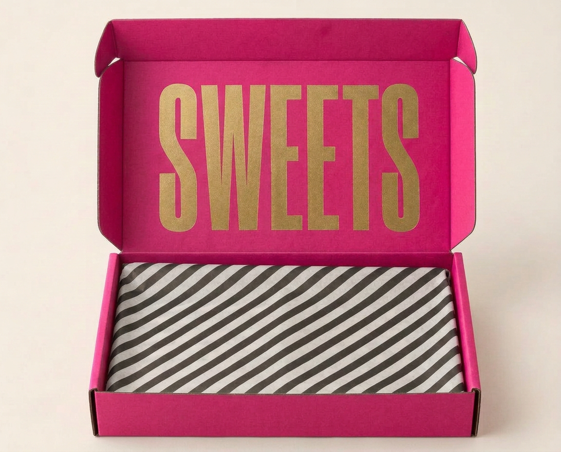 Open Hot Pink SWEETS letterbox gift box with black-and-white striped tissue