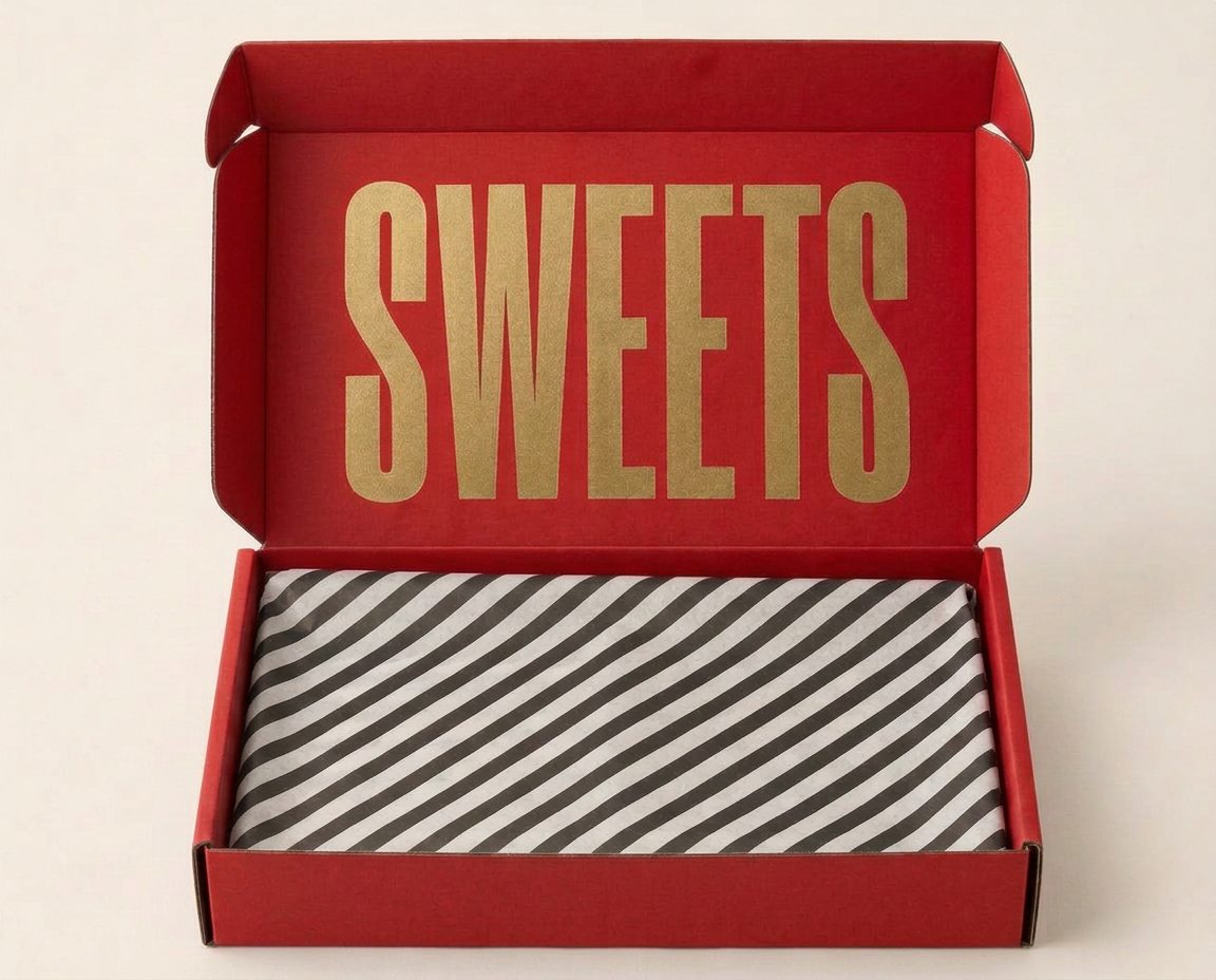 Open Pillar Box SWEETS letterbox gift box with black-and-white striped tissue