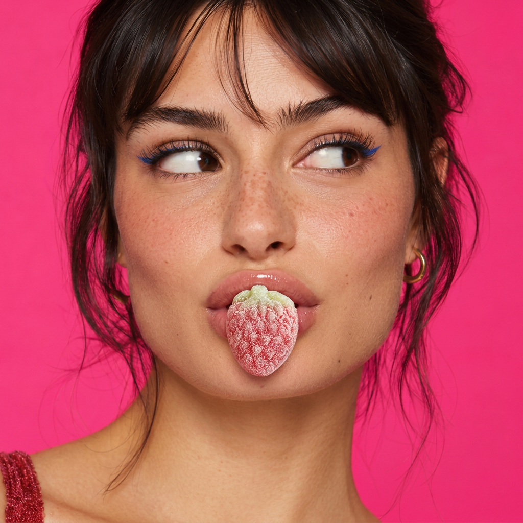 Expressive woman with one fizzy strawberry sweet over her pout