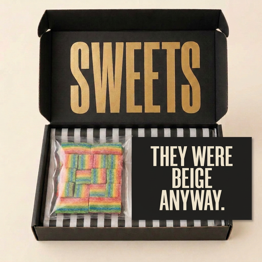 They were beige anyway SWEETS box with sweets and a postcard