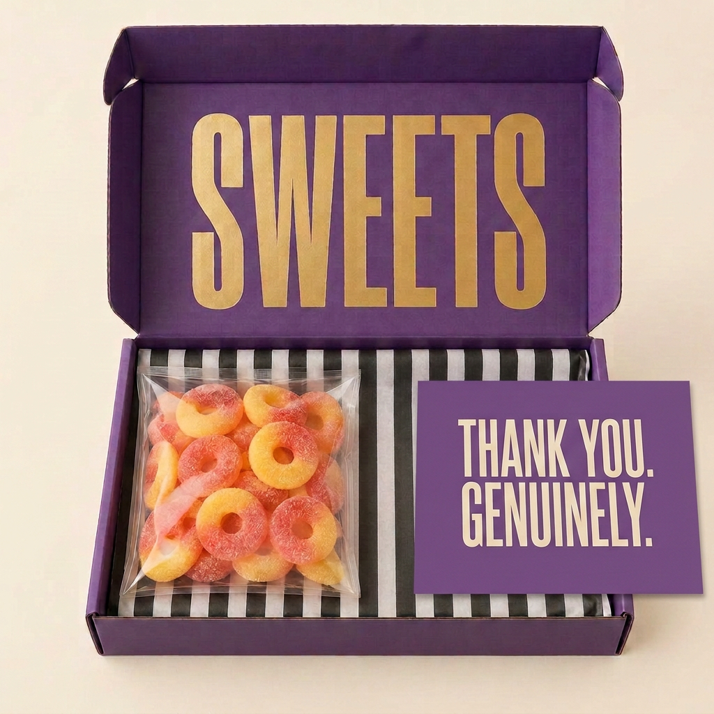 Thank you. Genuinely. SWEETS box with sweets and a postcard