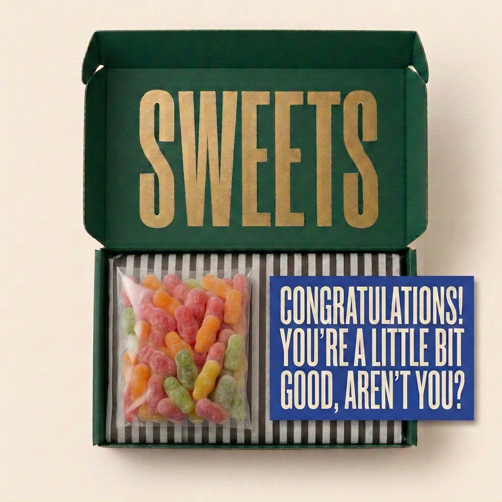 You're a little bit good SWEETS box with sweets and a postcard