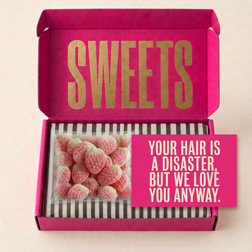 Your hair is a disaster SWEETS box with sweets and a postcard