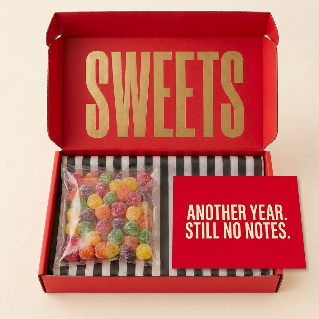 Another year. Still no notes. SWEETS box with sweets and a postcard