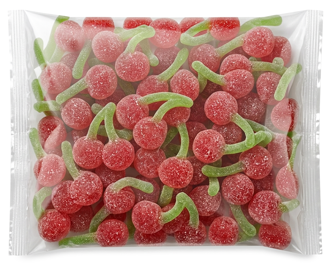 Fizzy Cherries in a clear sweet pouch
