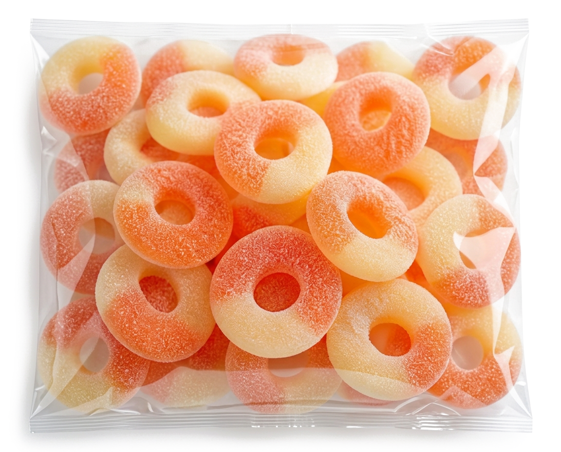 Peach Rings in a clear sweet pouch