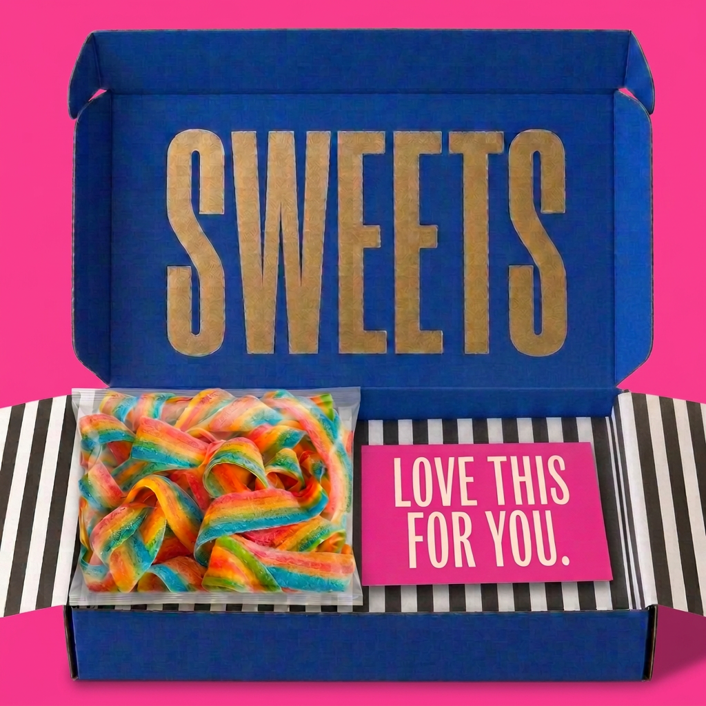 Open royal blue SWEETS box with striped tissue, rainbow belts and a postcard