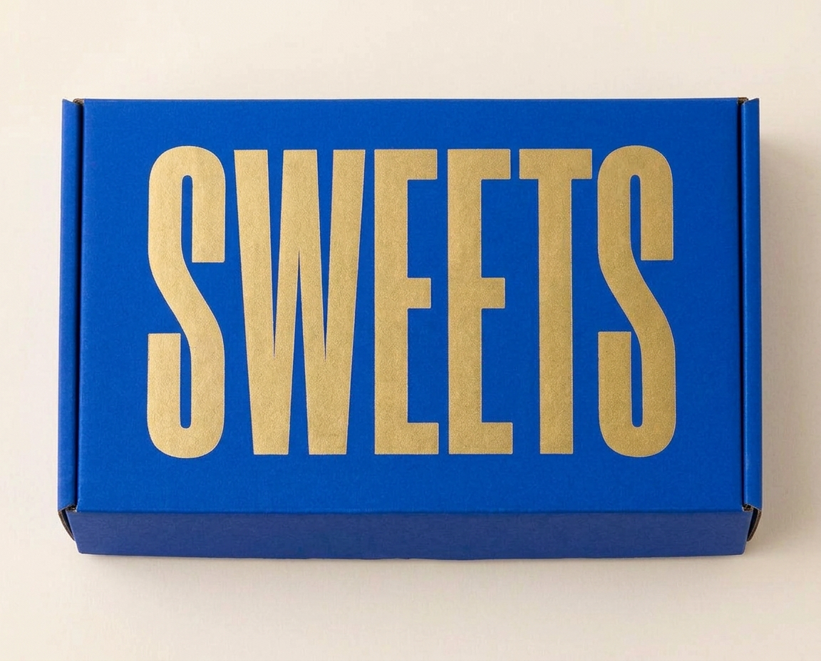 Closed royal blue SWEETS letterbox box with tall gold lettering