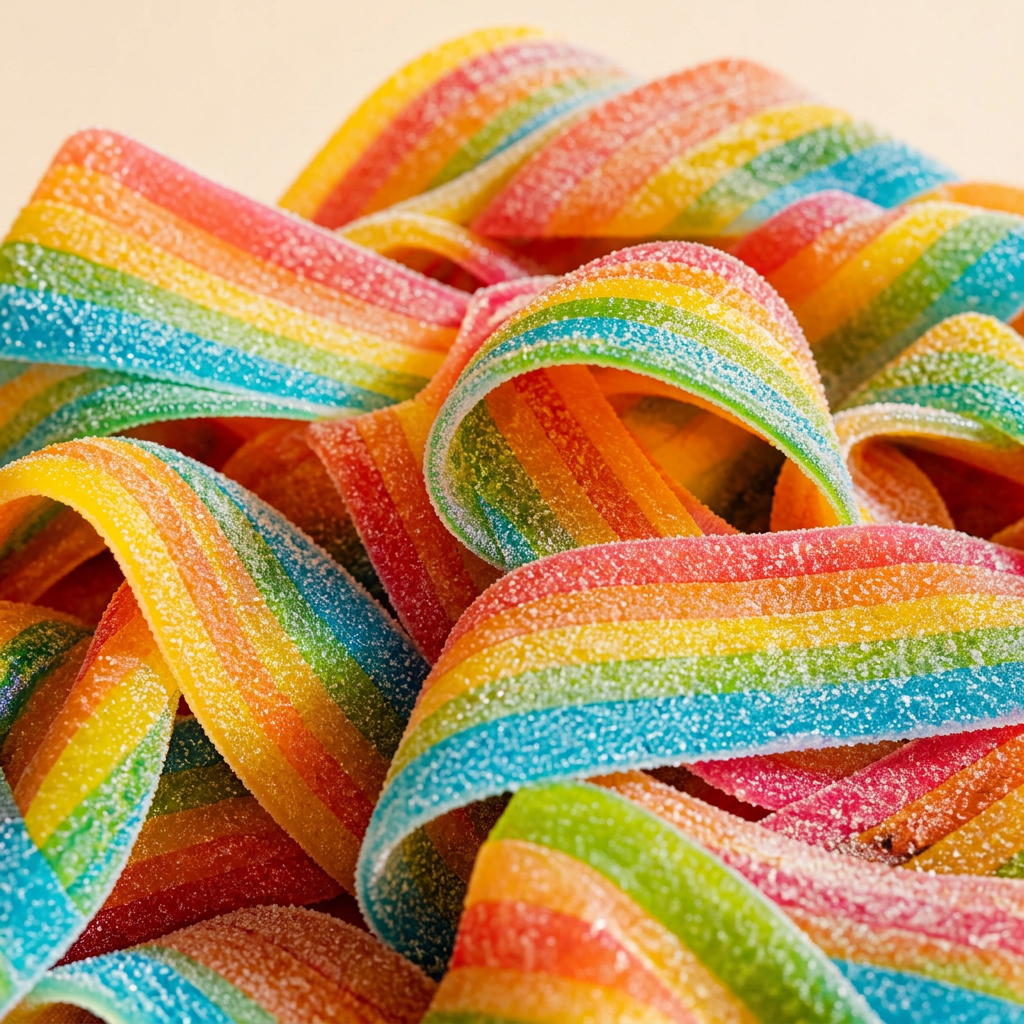 Close-up of colourful sweets for Rainbow Belts